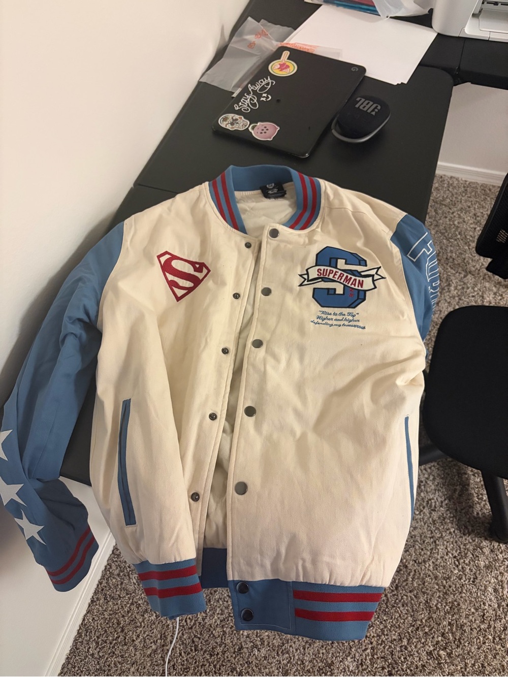 Superman DC Cream & Light Blue Varsity Bomber Jacket